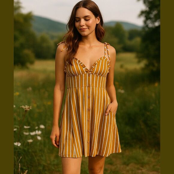 Fanco Button-Front Ruffle Trim Sundress w/Tie Straps in Mustard/White | Medium - Picture 7 of 8